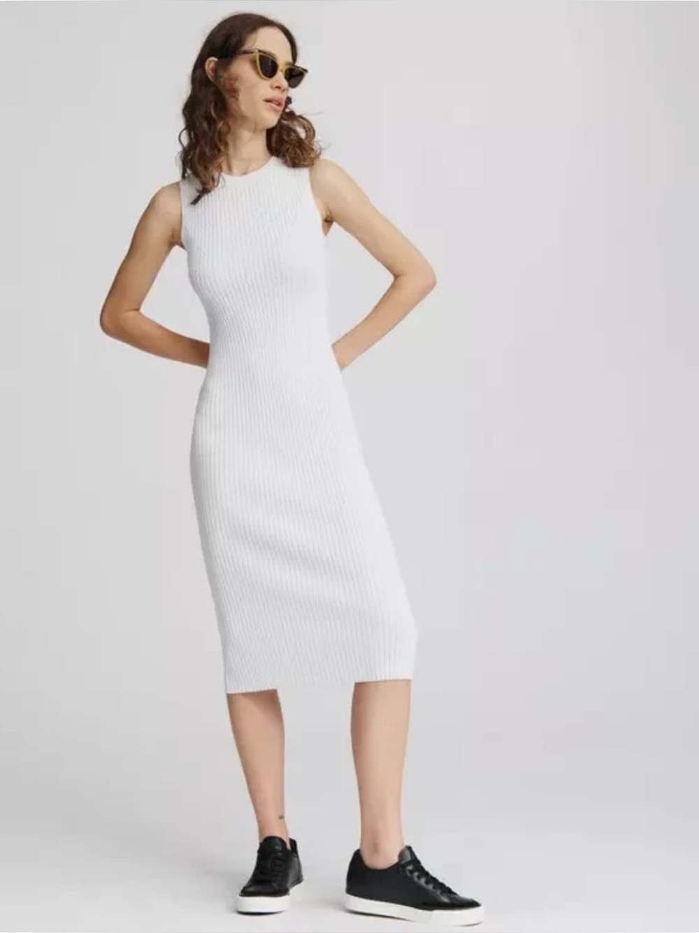 Rag & Bone Brea Sleeveless Cable Rib-Knit Midi Dress Stretch Crewneck in White